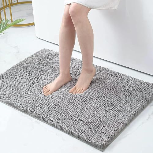 Homaxy Halkfri chenille-badrumsmatta i mikrofiber, absorberande hög lugg, badrumsmatta – 60 x 90 cm, ljusgrå