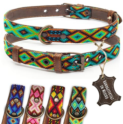 ALTEZAR Hundehalsband Leder - braunes Rindsleder Tribal Grün/Braun/Beiges durchgehend Bestickt - Handgemacht in Mexiko Lederhalsband Hund - Größe L - für große Hunde