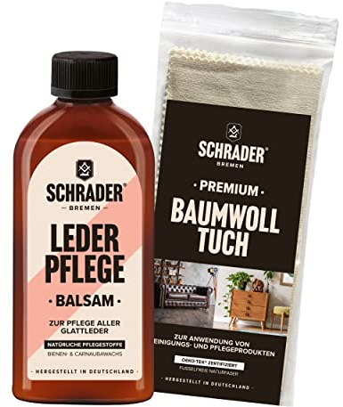 Schrader Leder Pflege Balsam Set - farbneutrales Pflegemittel für glattes Leder mit Poliertuch - 2-teilig - Made in Germany
