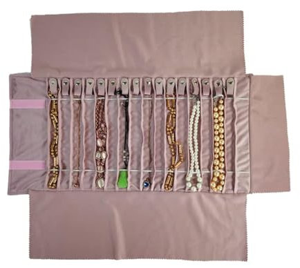 SCIKHEFT Tragbare Schmuckrolle, entwirrt, sichere Halskette, Reise-Aufbewahrungstasche, Display-Halter, 16 Ketten (Stickerei, rosa Samt)