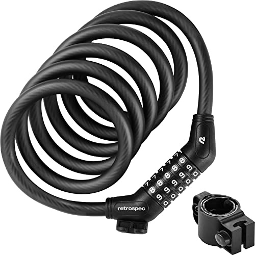 Retrospec Grizzly Plus kabel cykel kombinationslås kombination, kraftig stöldsäker cykel kabellås, 6 fot lindad skärbeständig kabel med 5-siffrig anpassad kombination och monteringsfäste, matt svart