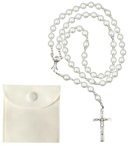 Hpbaggy Kommunion Rosenkranz Halskette Perlen Mit Samt Geschenkbeutel Katholisch Rosenkranz Kette Jesus Kreuz Gebetskette Christlich Rosary Chain Geschenke Für Frauen und Männer Mädchen Jungen