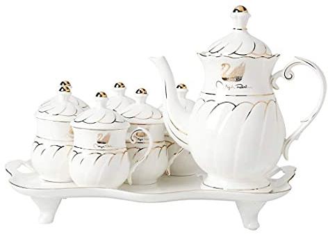 KOHARA Juego de té Juego de Tazas de té Tetera Grande de Porcelana Blanca de 1350 ml con 6 Tazas de café, Juego de Tazas de té Blanco, Tazas de café británicas, Juego de té de porcelan
