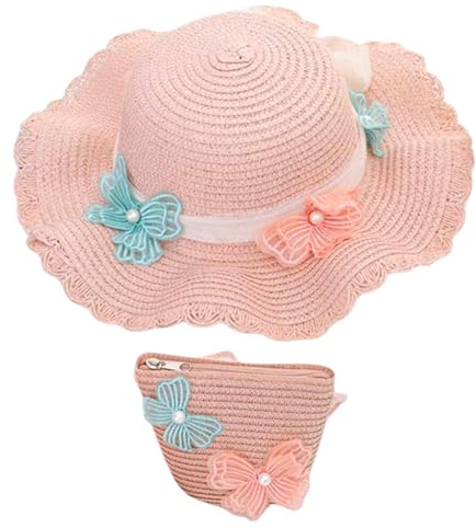 REYOK Cappello da Spiaggia Estivo e Mini di Borse Set,Cappello da Sole per Bambina,Cappello di Paglia con Decorazione a Fiocco per I Bambini Turismo Vacanze Spiaggia (Tessuto di Paglia, P1)