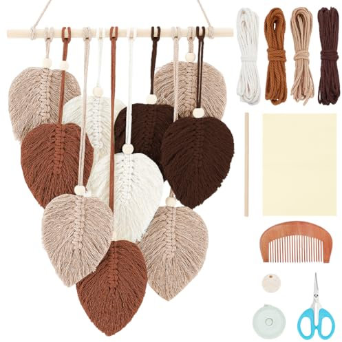 FREEBLOSS Makramee Blatt Set, Makramee Wandbehang, Herbstliche Blätter, Gewebter Wandteppich, Böhmische Heimdekoration, Handgefertigte Feder Wanddekorationen, Makramee Set Für Anfänger