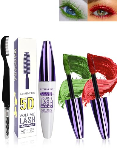Wimperntusche Green Red Wasserfest,Telescopic Waterproof Color Mascara | 5D 2 Colored Seidenfaser Wimpern Wimperntusche Wasserfest Mascara, Verlängerndes,Voluminöses,Cosplay Party Bunt Augen Makeup