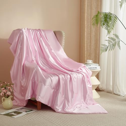 Luofanfei Kuscheldecke Wohndecke 220x240 Rosa Satin Glänzend Decke kühlend Satindecke Bettüberwurf Glanzsatin Couchdecke Tagesdecke Sofadecke Blanket Für Sofa Überwurf Bett Schlafzimmer Büro