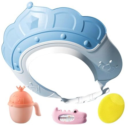 Badekappe, Duschhut für Kinder - Haarwaschschutz mit Wassertemperaturanzeige und Shampoo-Becher - Sicherheits-Visierkappe mit Shampoo-Bürste zum Schutz von Augen und Ohren
