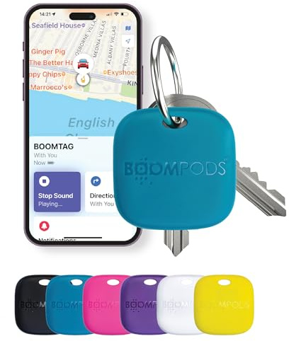 Boompods Boomtag Wiederaufladbarer Schlüsselfinder - Ozeanplastik Bluetooth Tracker kompatibel mit Apple Wo ist? App, Wasserdichter Key Finder, Mini Ortungsgerät für Schlüssel, Taschen, Blau