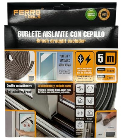 Burlete aislante con cepillo, burlete puertas y ventanas autoadhesivo, burlete aislamiento y sellado total, (5m largo), (11mm Ancho), (7mm Espesor), (gris)