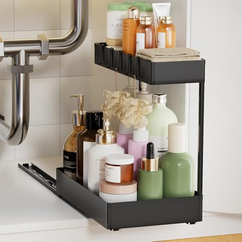 Creahaus Küchen Organizer Schrank Küchenorganizer 2 Etagen Unter Waschbecken Regal Schrank Organizer küche mit 5 Haken Under Sink Organizer für Spüle, Küche, Bad, Tischplatte, Schwarz (1 schwarz)