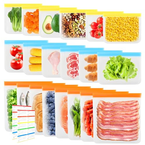 20 Stück Gefrierbeutel Wiederverwendbar Silikonbeutel Lebensmittel PEVA Gefrierbeutel Wiederverschließbare Mehrzweck Auslaufsichere für Aufbewahrung von Gemüse Früchten Snacks Sandwich Fleisch Groß