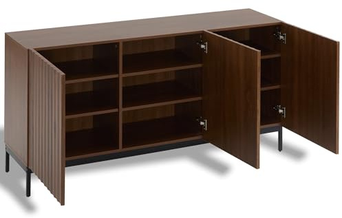 150 x 40 x 80 cm roble oscuro veteado, aparador moderno, armario decorativo Mid-Century, 3 puertas, diseño ondulado en 3D, estantes ajustables, cierre de seguridad, almacenamiento elegante para salón,