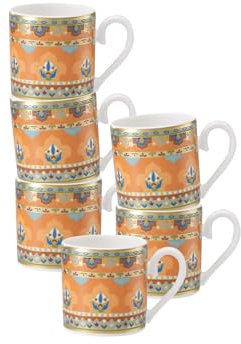 Villeroy & Boch Samarkand Mandarin Espressotassen 6er Set, 50 ml, Mokkatassen mit orientalischem Dekor, Premium Bone Porcelain, Mehrfarbig/Orange
