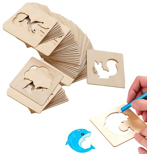 JDCMEI 60 Stück Zeichenschablonen für Kinder, Hölzern Kreideschablonen Kinder, Zeichenschablonen aus Holz, Pädagogische DIY-Malschablonen, Malvorlagen für Kleinkinder Vorschule Malwerkzeug Handwerk