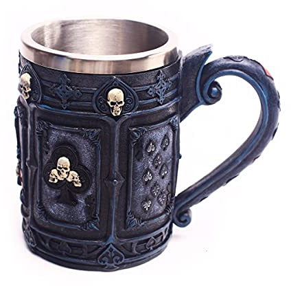 HYUWANGYU Novelty Bar Wine Glass Big Water Glass Medieval Tankard Beer Mug Drinking Vessel Tableware Gothic Style Poker Skull Resin Mug Medieval Wine Glass (Color : Painted Size : 10x11cm)