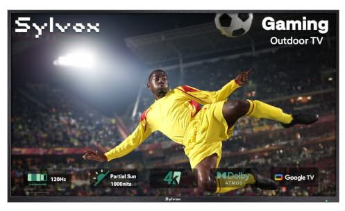SYLVOX 65 Pouces TV Extérieur, 120 Hz | 4K UHD 1000 nits, Smart Google Téléviseur, Dolby Atmos, HDMI 2.1 et Wi-FI 5G, Résistant aux Intempéries Étanche IP55 - Outdoor Gaming TV (Modèle 2025)