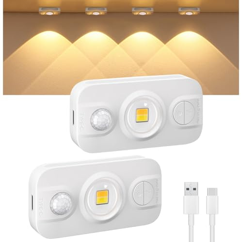 Auting Mini inbyggd lampa kök, 2 stycken LED-skåpbelysning med rörelsedetektor, USB-C uppladdningsbar LED-lampa varm vit dimbar trådlös nattlampa för garderob skåp trappor belysning