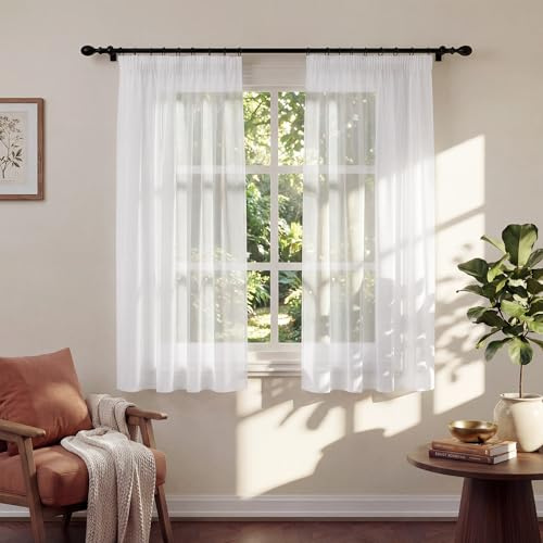 PONY DANCE White Net Curtains for Windows - Pencil Pleat Voile Curtains 54 Drop for Kitchen, Semi Transparent Light Filtering Window Treatments Triple Drawstring Design, 55x54 inches, Set of 2