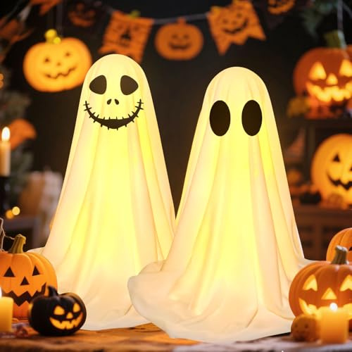 Halloween Ghosts of LED Light, 2x 37 cm Standing Ghosts with Timer, Battery-Powered Halloween Decoration for Table, Yard, and Terrace (deko)