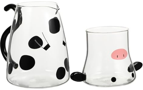 Healifty Ensemble Combiné Bouilloire à Eau Froide Et Verre 550ml En Verre Résistant Au Micro-ondes Motif Vache Cartoon Pour Thé, Lait Et Boissons Fraîches Usage Quotidien