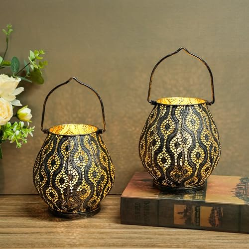 TRIROCKS 2er-Set Marokkanische Deko-Lampen 26cm H Batteriebetriebene Kabellose Lampe Metall-Tischlampen mit Lichterkette Glühbirne für Garten Valentinstag Wohnzimmer Schlafzimmer Außenbereich(Schwarz)