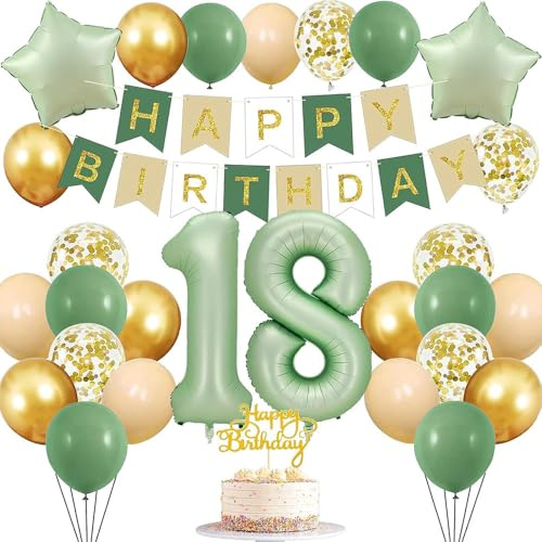 VGRDTM 18th Birthday Decorations, 18 Balloons, Green Birthday Decorations Kit - Sage Gold Theme with Number 18 Foil Balloon, Banner, Cake Topper for Party