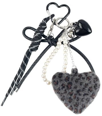 Fycyko Schlüsselanhänger Leopardenmuster Plüschherz Taschenanhänger für Bag Charms Auto Schlüsselanhänger Plüsch Cute Bow Keychain für Frauen und Mädchen,Grau