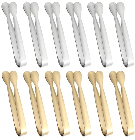 12Pcs Stainless Steel Ice Tongs, Mini Metal Tong for Ice Cubes, Sugar Cubes, Sweet, Small Serving Tongs for Kitchen, Buffet, Camping, Tea Party, Coffee Bar, Picnic, Dishwasher Safe