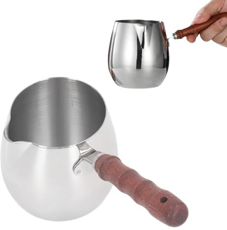 Mini Milk Warmer Pot, 304 Stainless Steel Portable Butter Melting Pot Sauce Pan Tea Warmer with Wood Handle for Home Outdoor (300ML)