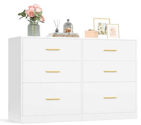VASAGLE CUSTOS Collezione - Cassettiera Camera da Letto, Mobile con Cassetti, Moderno, Mobile TV per Soggiorno, 6 Cassetti, 40 x 119 x 78 cm, Bianco Nuvola LTS416WB01