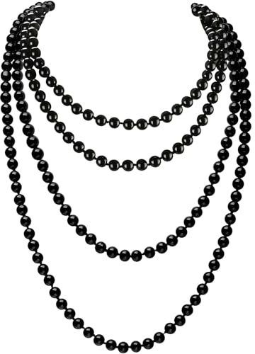 HPMAISON 2Pcs Pearl Necklaces 150cm Long Necklace for Women 1920s Simulated Pearl Gatsby Costume Jewellery String Beads Fake Pearls Vintage Long Choker for Fancy Dress Sweater Accessories Black