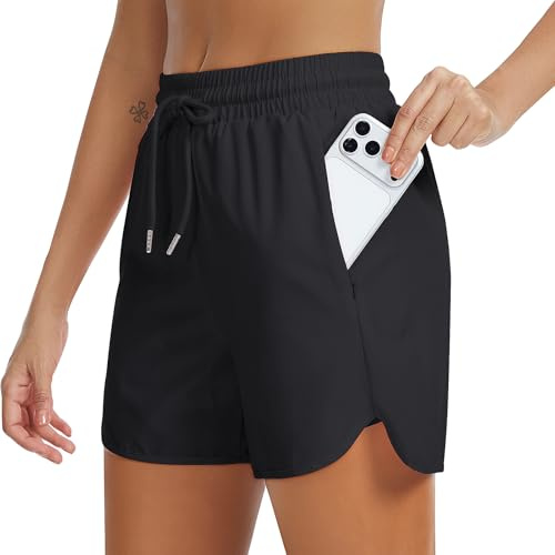 Eisnnu Sportbyxor, dam, korta shorts, löpshorts, dam med liner, 2 i 1, korta byxor, sommar, lätt med dragkedjefickor, svart, S