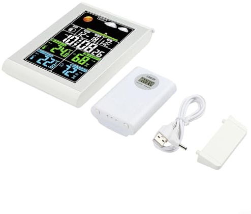 Estación meteorológica inalámbrica digital con sensor exterior, tamaño compacto y función de reloj despertador para uso doméstico (blanco)
