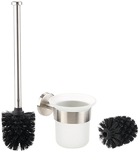BadeStern Klobürste: Edelstahl/Glas-WC-Garnitur, Wandmontage, 2 Bürsten-Aufsätze, schwarz (WC Bürstenhalter Wandmontage, Bürstenhalter Glas, Putzen)