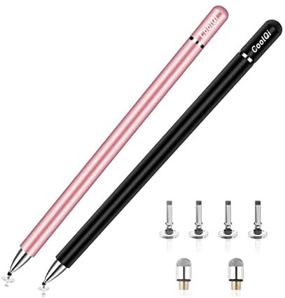CoolQi Stylus pen for iPad / iphone pencil Pens Touch Screen (2pcs/pack) 2 in 1 Magnetic Disc Styli Pencils iPhone/ pro/Mini/Air/Android/Microsof with 6 Tips, Black+Pink