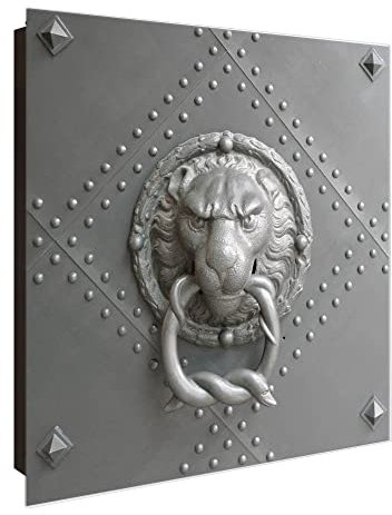 banjado Großer Schlüsselkasten Glas - Schlüsselbox 30x30cm mit 50 Haken - Schlüsselkasten modern für Schlüsselaufbewahrung mit beschreibbarer, magnetischer Glastür - Motiv Eisentor