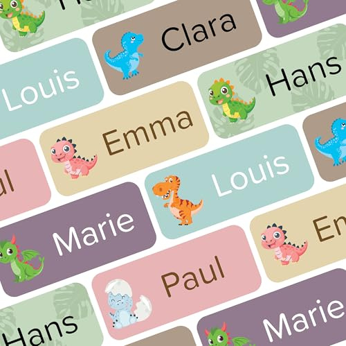 Wraplab Namensaufkleber für Kinder (120 Stück) - Gegenstände & Schule/Kita - Namensschilder für Schulsachen, personalisiert und spülmaschinenfest (Dinosaurier)
