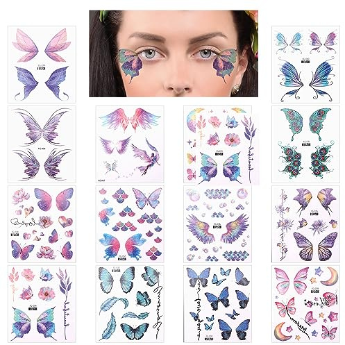 Schmetterling Tattoo, 14 Blatt Glitzer Gesichtstattoo Schmetterling Temporäre Tattoos, Wasserdichte Schmetterling Aufkleber Tattoos für Frauen Mädchen Geburtstagsfeier Karneval Party Gesichts Make-up