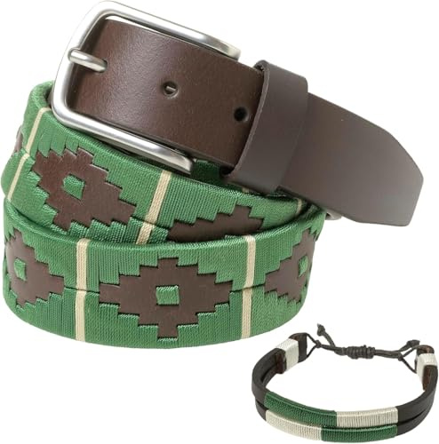 PELPE argentinskt läderbälte med matchande snöre och läderarmband. Läderbroderat bälte för män och kvinnor. Argentinskt fotogälte, Grön-beige, 85