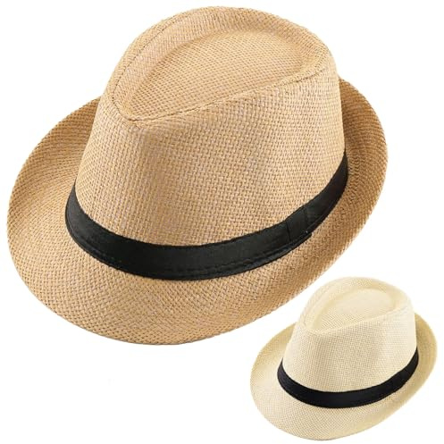 2 Pack Straw Fedora Hats for Men and Women, Short Brim Summer Beach hat, Trilby Panama Sun Hats. (US, Alpha, Medium, Large, Beige/Khaki (Size :M- L))