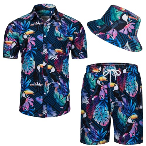 Harsever Men's Hawaiian Shirt and Shorts Set Casual Funky Beach Flamingo Shirt Set Beach Party Shirts Suits with Bucket Hat