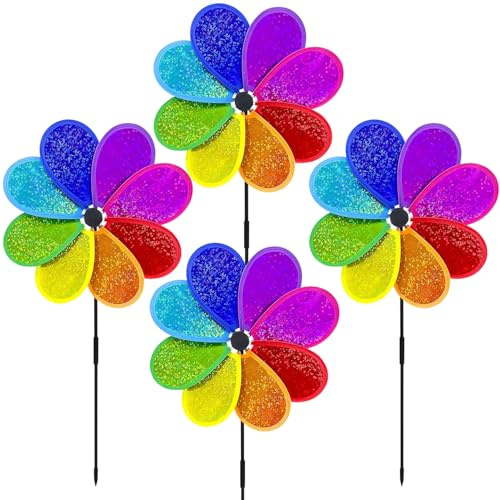 4 Stück Windrad Vogelabwehr,Vogelabwehr Reflektierende Windmühle,Bunte Windmühle,Taubenabwehr Balkon,Vogelschreck Taubenschreck Windspiel Blume Windrad für Dekoration Protect Garten Obstgarten