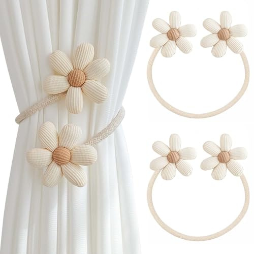 Fermatende per Tenda, 2 Pezzi Fermatenda per Tende da Finestra, Fermatende a Forma di Fiore, Regolabile, per Casa, Esterni, Camera da Letto, Ufficio, Tende Decorative(Beige)