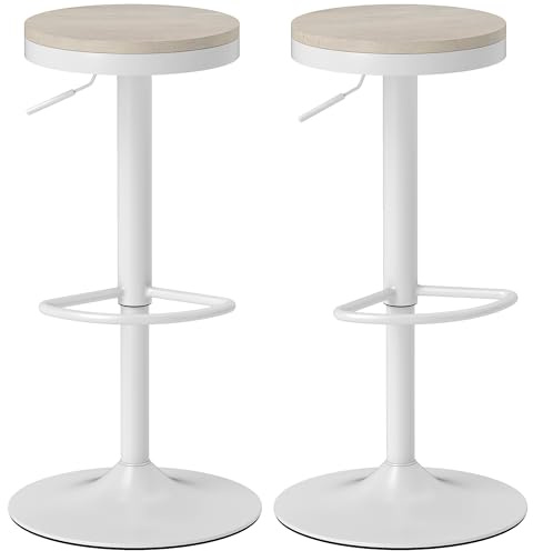 HOMCOM Lot de 2 tabourets de Bar, chaises de Bar pivotantes, Chaise Haute Cuisine Moderne avec Assise en hévéa, Hauteur réglable et Repose-Pieds, Cadre en Acier, Blanc