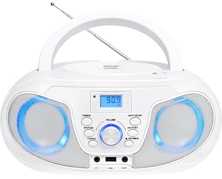 Silva Schneider MPC 25.4 USB – Tragbarer CD-Player mit UKW-Radio, USB für MP3, AUX & Kopfhöreranschluss, LCD-Display, 40 W p.m.p.o., Netz-/Batteriebetrieb – Weiß
