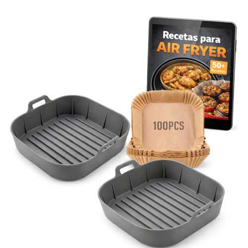 FRYGARRA Pack Moldes Air Fryer 6L 7L | Papel + Silicona + Recetas