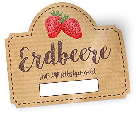 itenga 50x Marmeladen Etikett Erdbeere Aufkleber 100% selbstgemacht Sticker braun selbstklebend für Marmelade Einmachgläser Geschenke - hochwertiges Papier - 4,5x3,8cm (Erdbeere)