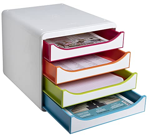 Exacompta 310913D Premium Ablagebox mit 4 Schubladen für DIN A4+ Dokumente. Belastbare Schubladenbox mit hoher Kapazität für mehr Platz auf dem Schreibtisch Big Box Black Office Harlekin Weiß|Bunt