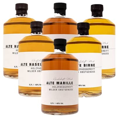 Grafschaft Mark Schnaps Mix 6 x 0,7 L | 2 x saftige Marille 2 x fruchtige Birne 2 x edle Haselnuss | 40% vol. Alkohol | milder, holzfassgelagerter Obstbrand aus Deutschland | hochwertige Spirituose